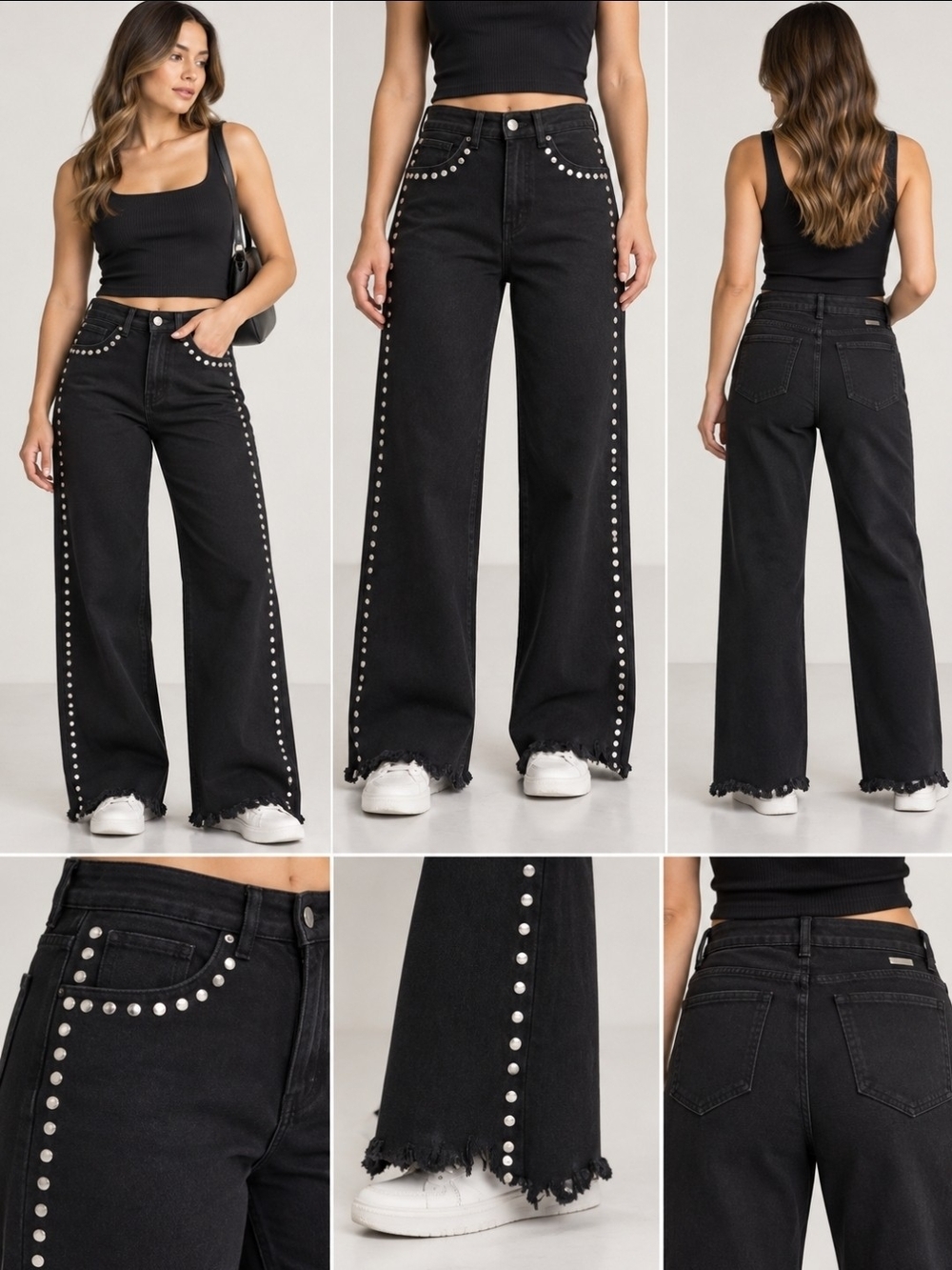 Angel Of Difference Black High-Rise Wide-Leg Jeans with Silver Stud Detail Sz 10